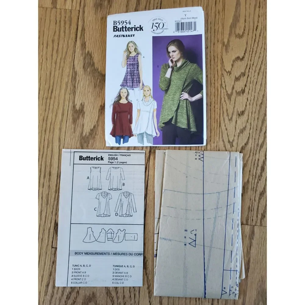 Butterick B5954 Pattern Womens XS - M Tulip Hem Front/Cowl Neck Top New Uncut